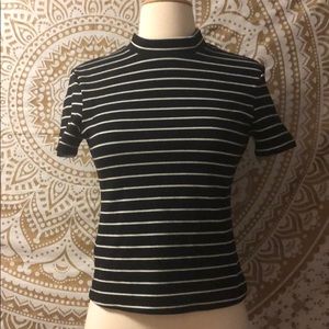 BLACK AND WHITE STRIPED MOCK NECK TOP